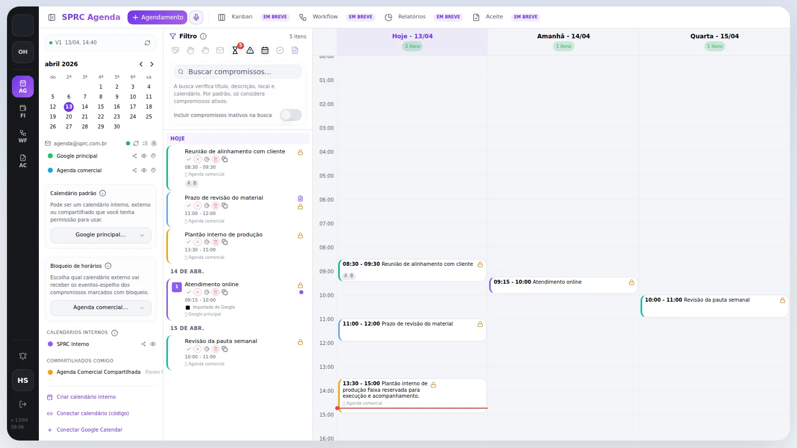 Agenda do HUB.SPRC com calendários e compromissos organizados
